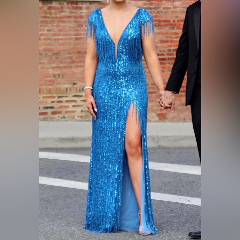 Sherri Hill 54459 Size 12 Bright Blue fringe dress